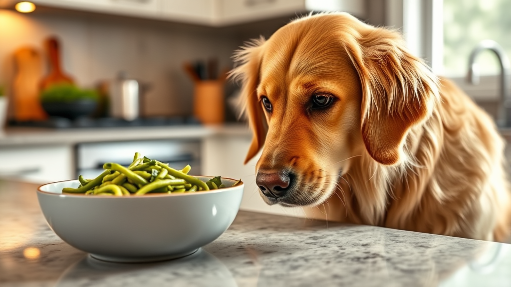 Golden retriever looking curiously at bowl of green pesto pasta on kitchen counter, warm lighting, no text no words no letters