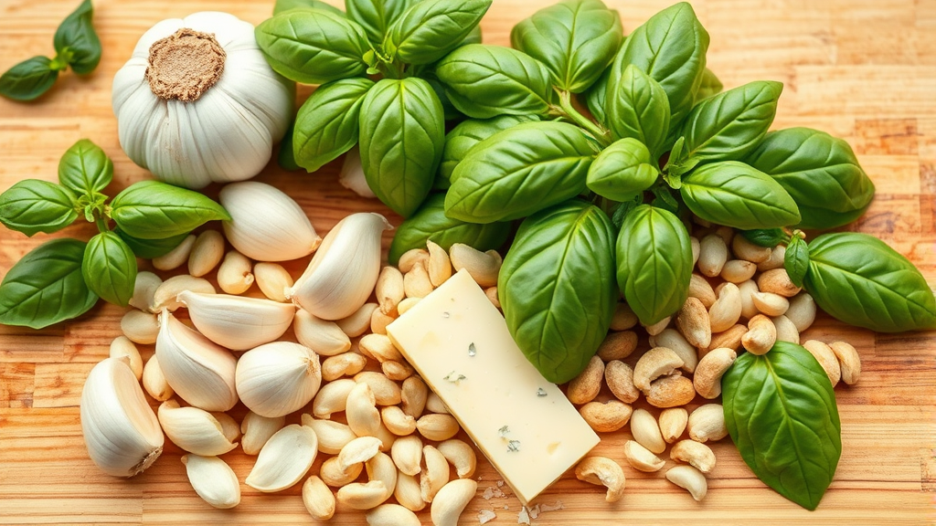 Fresh basil leaves, garlic cloves, pine nuts and parmesan cheese ingredients spread on wooden cutting board, no text no words no letters