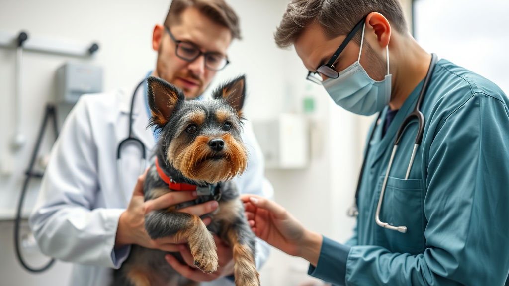 Veterinarian examining concerned dog owner holding small terrier in bright clinic examination room, no text no words no letters