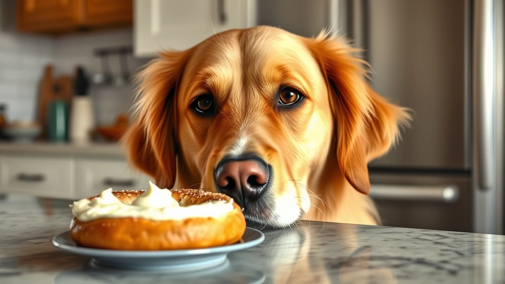 A golden retriever looking curiously at a bagel with cream cheese on a kitchen counter, soft natural lighting, close-up perspective