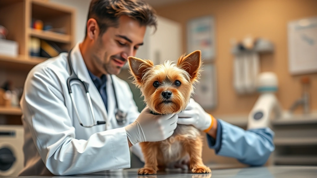 A vet examining a small terrier dog during a consultation, professional veterinary clinic setting, warm lighting, caring interaction