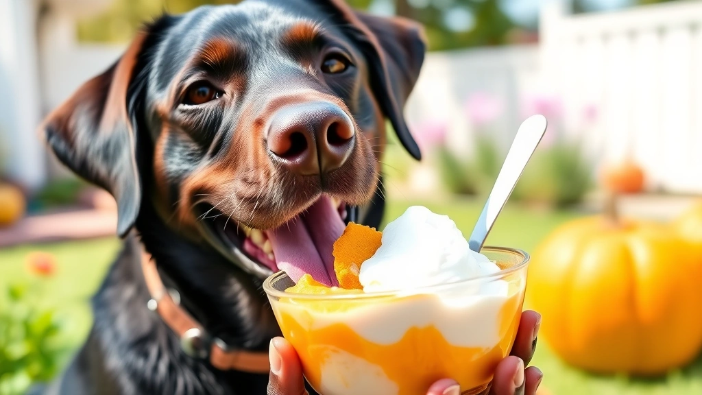 A happy labrador enjoying a frozen treat bowl with pumpkin puree and Greek yogurt, outdoor garden background, bright daylight