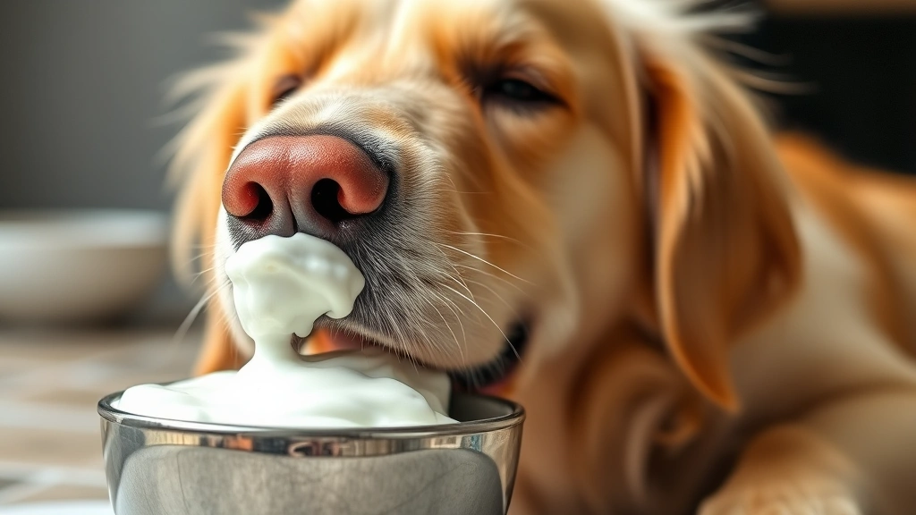 Golden Retriever happily eating plain Greek yogurt from a bowl, close-up of dog's face with yogurt on nose