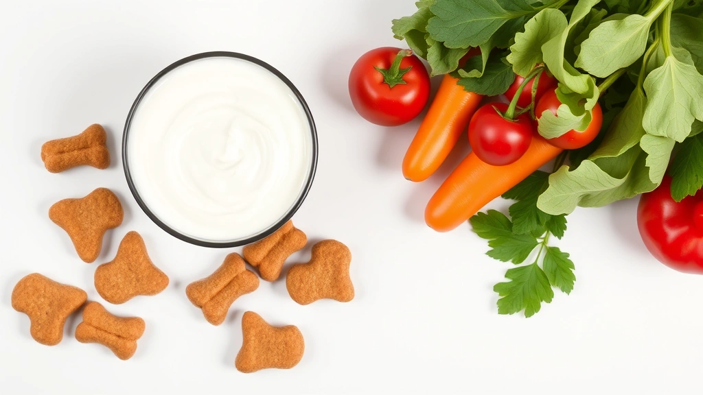Overhead flat lay of plain Greek yogurt container next to fresh dog treats and vegetables on white surface