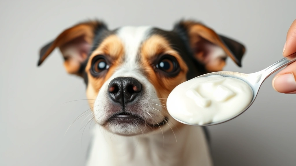 Cute small dog looking up expectantly at a spoonful of plain Greek yogurt being held by human hand