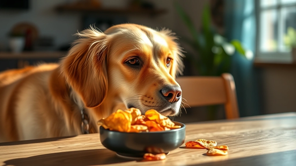 Golden retriever with gentle expression looking at a bowl of plantain chips on a wooden table, bright natural lighting, shallow depth of field