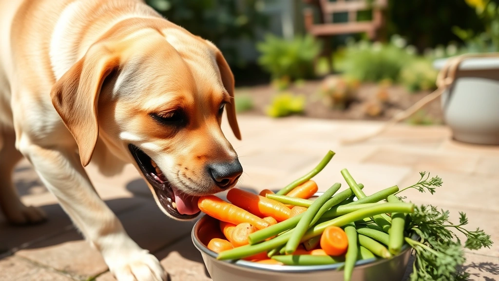 Happy labrador dog eating from a bowl of fresh raw carrots and green beans, outdoor garden setting, sunny day, dog's tail wagging
