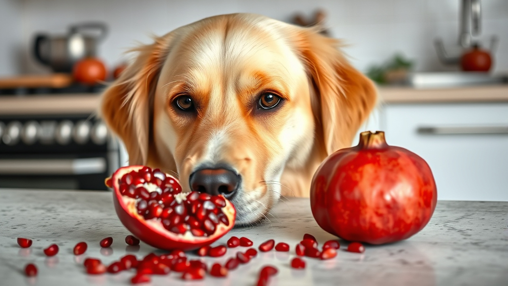 Curious golden retriever looking at fresh pomegranate with scattered red seeds on kitchen counter no text no words no letters