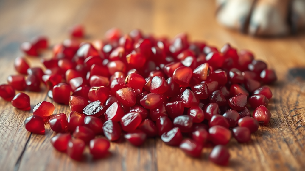 Close up pomegranate seeds spilled on wooden surface with dog paw visible in corner no text no words no letters