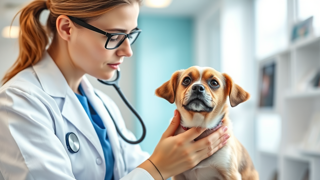 Veterinarian examining small dog with stethoscope in bright modern clinic setting no text no words no letters