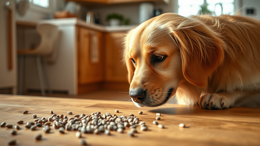 Golden retriever looking curiously at scattered poppy seeds on wooden surface, warm kitchen lighting, no text no words no letters