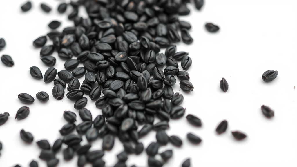 Close up macro view of dark poppy seeds scattered on white background, detailed texture visible, no text no words no letters