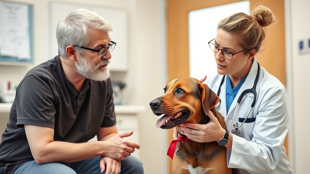 Concerned pet owner consulting with veterinarian about dog safety, clinical setting, professional consultation, no text no words no letters