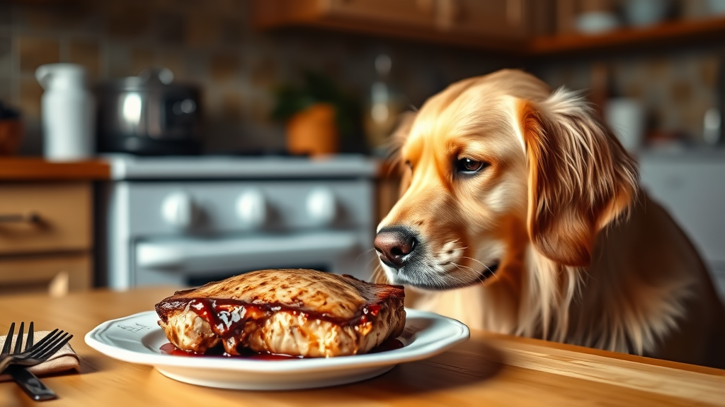 Golden retriever looking at pork chop on dinner plate, kitchen setting, warm lighting, no text no words no letters
