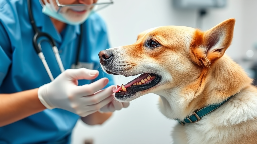 Veterinarian examining dog mouth and teeth, clinical setting, professional healthcare, no text no words no letters