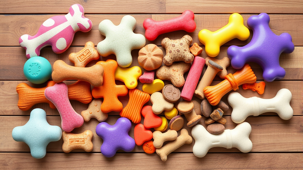 Collection of safe dog chew toys and treats arranged on wooden surface, colorful variety, no text no words no letters