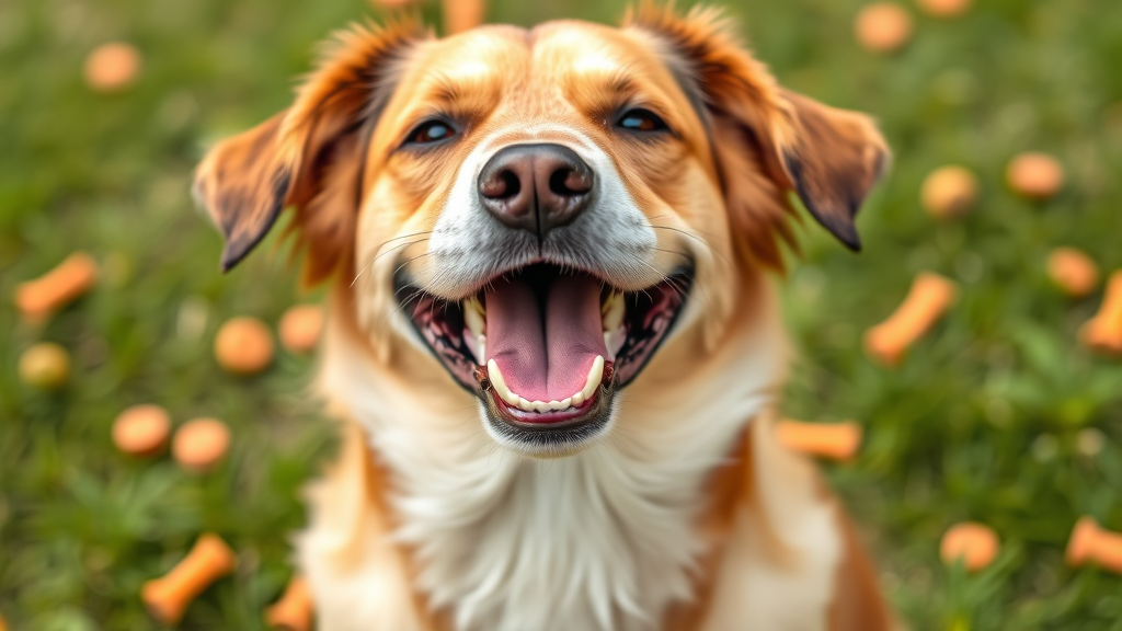 Happy dog with healthy natural treats like carrots and approved dog biscuits, no text no words no letters
