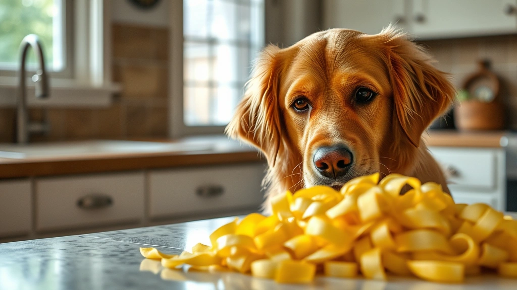 Golden retriever looking at pile of raw potato peels on kitchen counter, curious expression, natural lighting from window, photorealistic