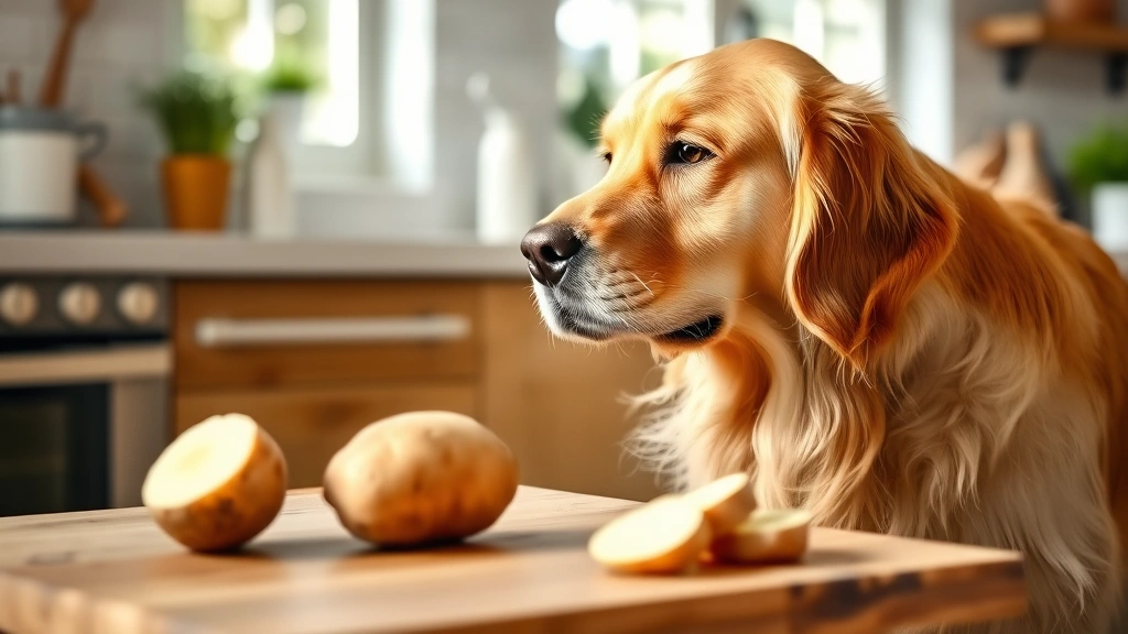 Golden retriever looking at raw potato on wooden cutting board in bright kitchen, curious expression, natural lighting