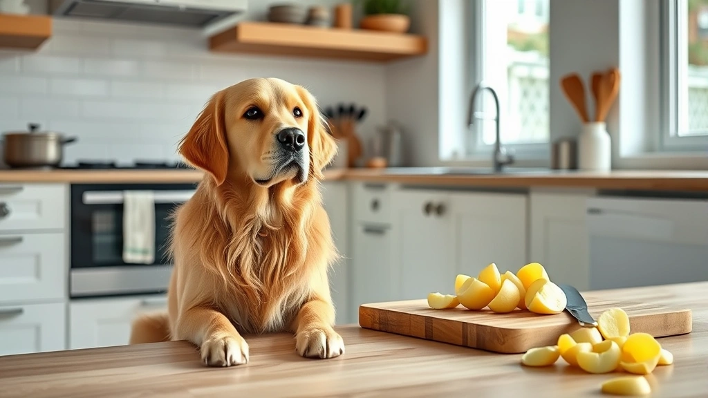 Golden retriever sitting attentively in a modern kitchen next to a cutting board with peeled potatoes, natural lighting, photorealistic