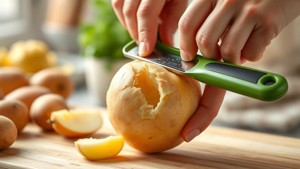 Close-up of hands removing potato skin with vegetable peeler, fresh potatoes visible, bright kitchen background, photorealistic style