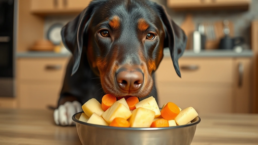 Labrador retriever eating from a bowl of safe cooked plain potato chunks and carrots, happy expression, warm kitchen lighting, photorealistic