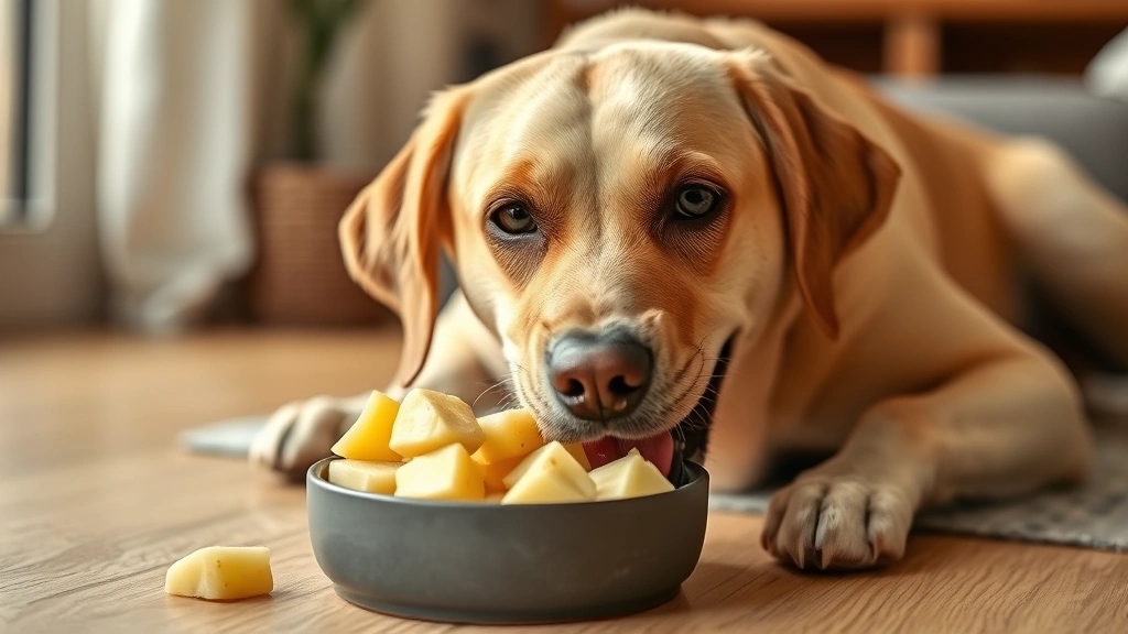 Happy Labrador eating plain cooked potato pieces from bowl, healthy dog treat, warm indoor setting with soft lighting