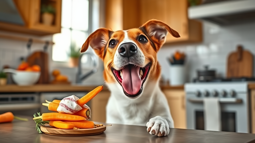 Happy dog enjoying healthy carrot stick alternative snack in sunny kitchen no text no words no letters