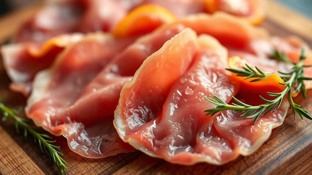 Close-up of sliced prosciutto on a wooden cutting board with Italian herbs, warm natural lighting, showing delicate texture and color