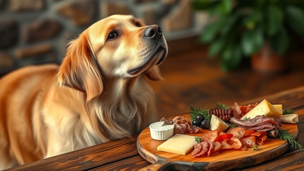 Golden retriever sitting alertly next to a charcuterie board with various meats and cheeses, looking upward with interested expression