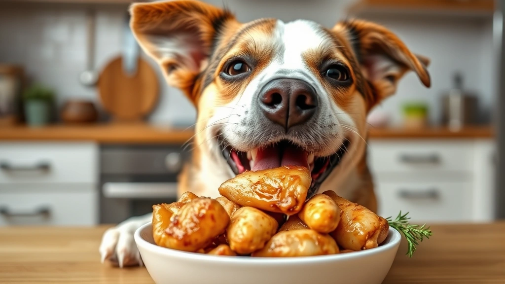 Happy dog eating fresh unsalted cooked chicken from a ceramic bowl, bright kitchen background, dog appears satisfied and healthy