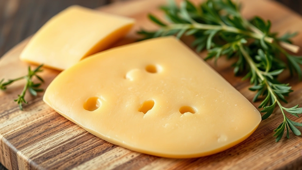 Close-up of golden-brown provolone cheese slice on a wooden cutting board with herbs, photorealistic style