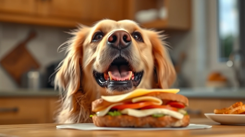 Happy golden retriever looking up at a sandwich with provolone cheese, warm kitchen lighting, photorealistic