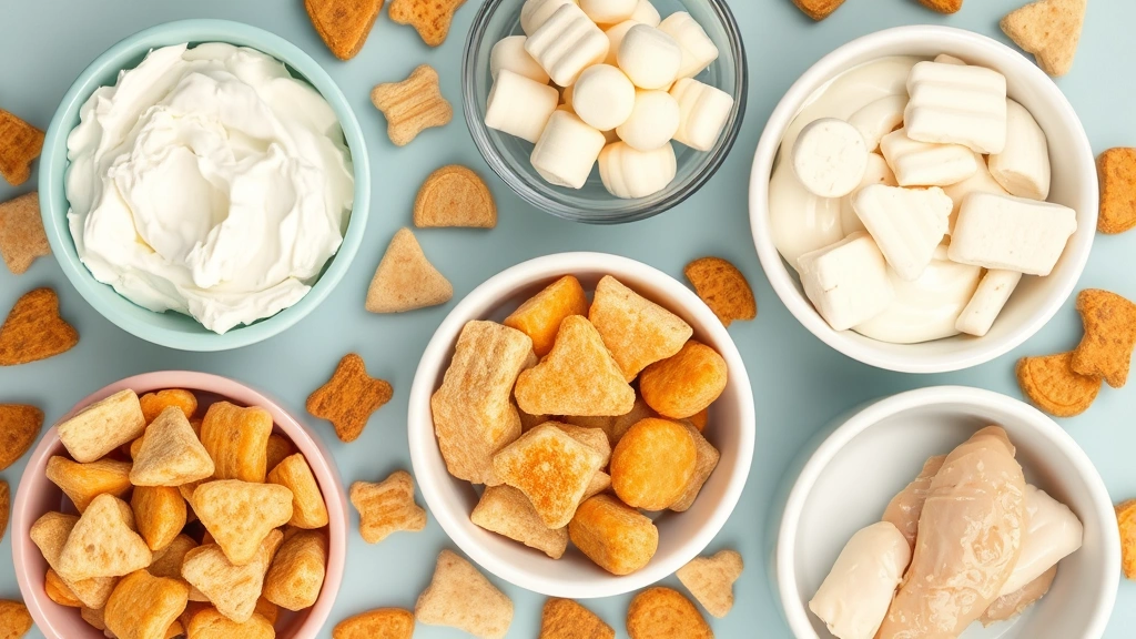 Assorted dog-safe treats including cottage cheese, Greek yogurt, and chicken pieces in bowls, photorealistic arrangement