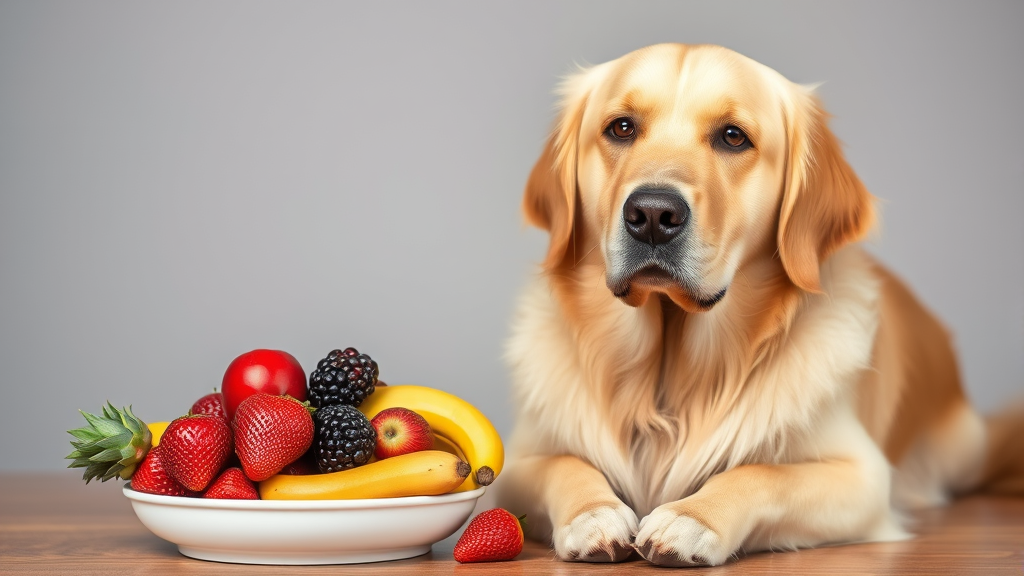 Golden retriever sitting beside bowl of fresh fruits, no text no words no letters