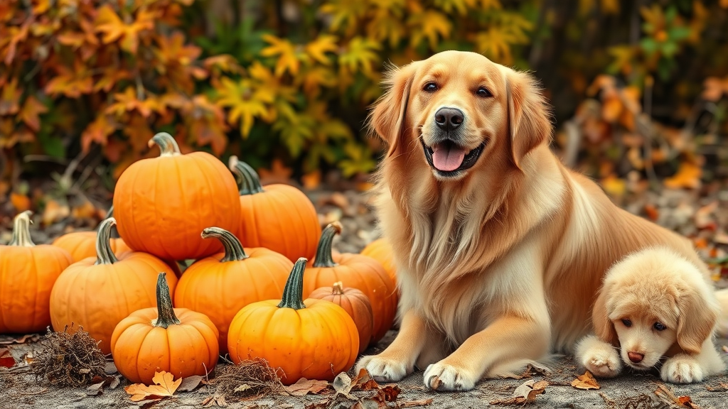 Happy golden retriever sitting next to fresh orange pumpkins in autumn setting, no text no words no letters