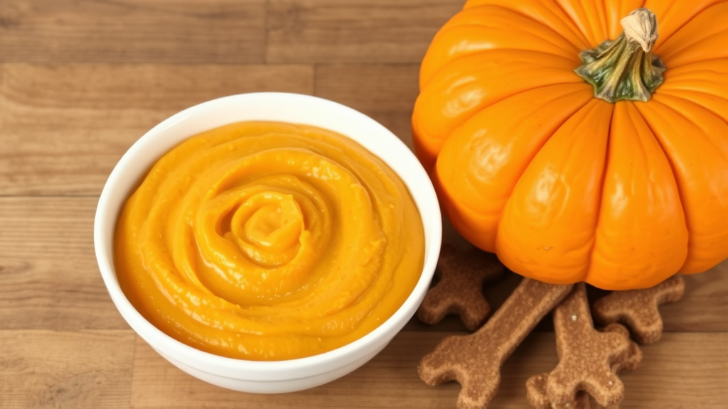 Bowl of pureed pumpkin next to whole pumpkin and dog treats on wooden surface, no text no words no letters