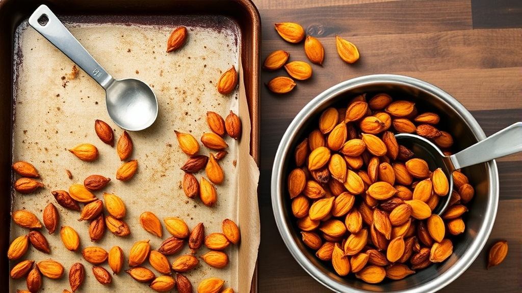 Roasted pumpkin seeds on baking sheet next to dog bowl with measuring spoon showing proper portion sizes, no text no words no letters