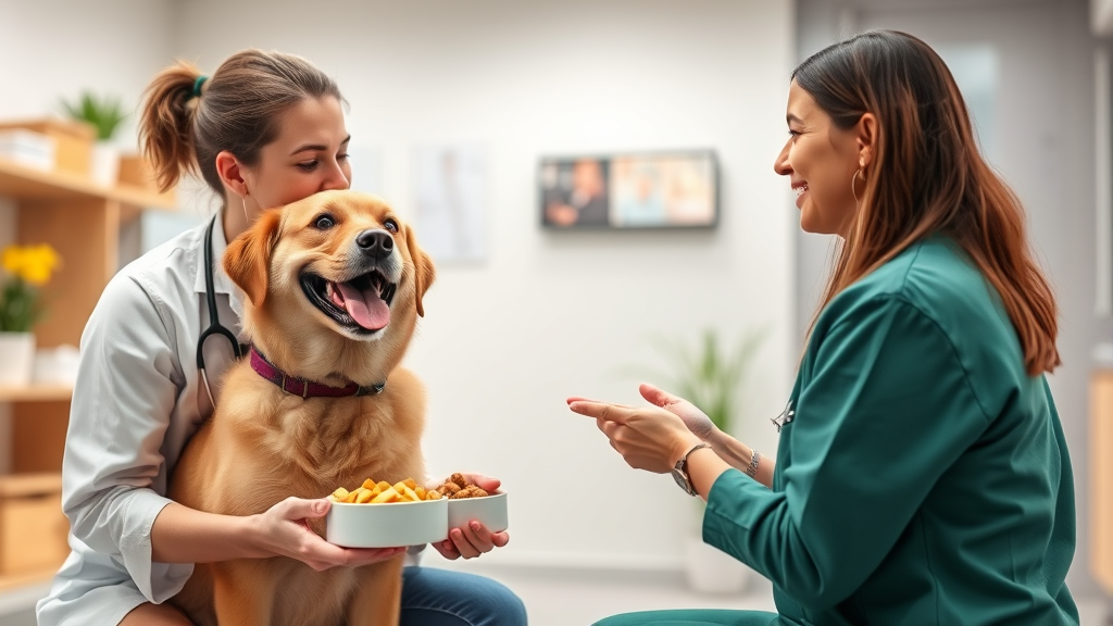 Happy dog with veterinarian discussing healthy treats and nutrition in modern clinic examination room, no text no words no letters