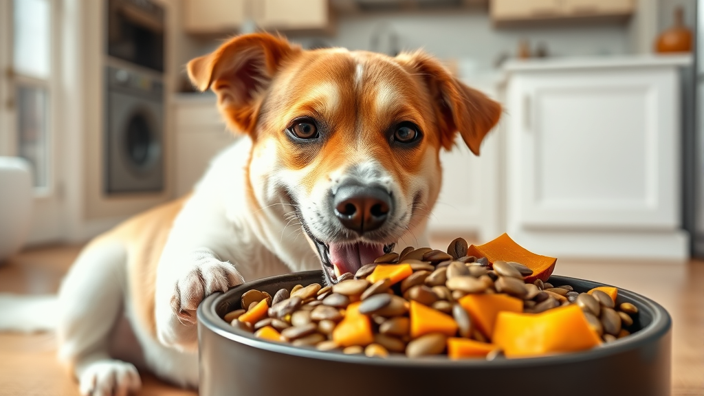 Happy dog eating from bowl containing pumpkin seeds mixed with regular food, bright kitchen interior, no text no words no letters