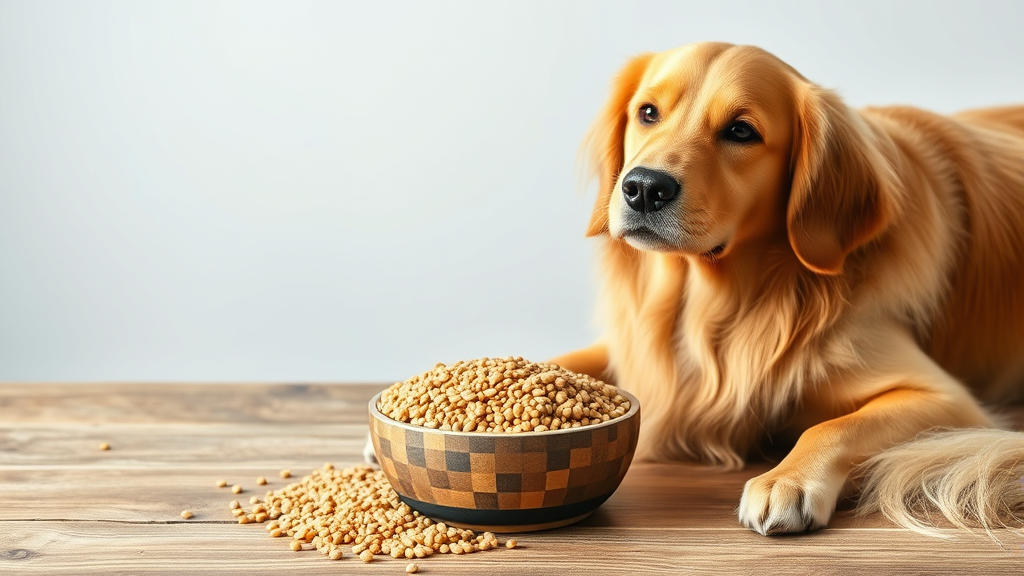 Golden retriever sitting next to bowl of cooked quinoa grains on wooden surface, natural lighting, no text no words no letters