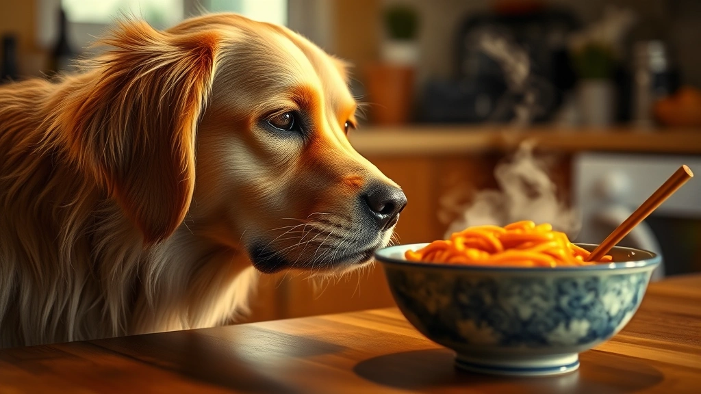 Golden Retriever looking longingly at a steaming bowl of ramen noodles on a kitchen table, soft warm lighting, shallow depth of field, dog in foreground