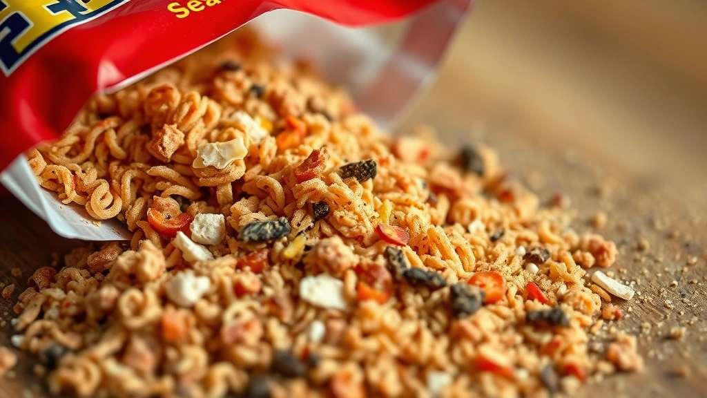 Close-up of ramen seasoning packet contents spilled out showing dried ingredients and powder, natural lighting, macro photography style, vibrant colors