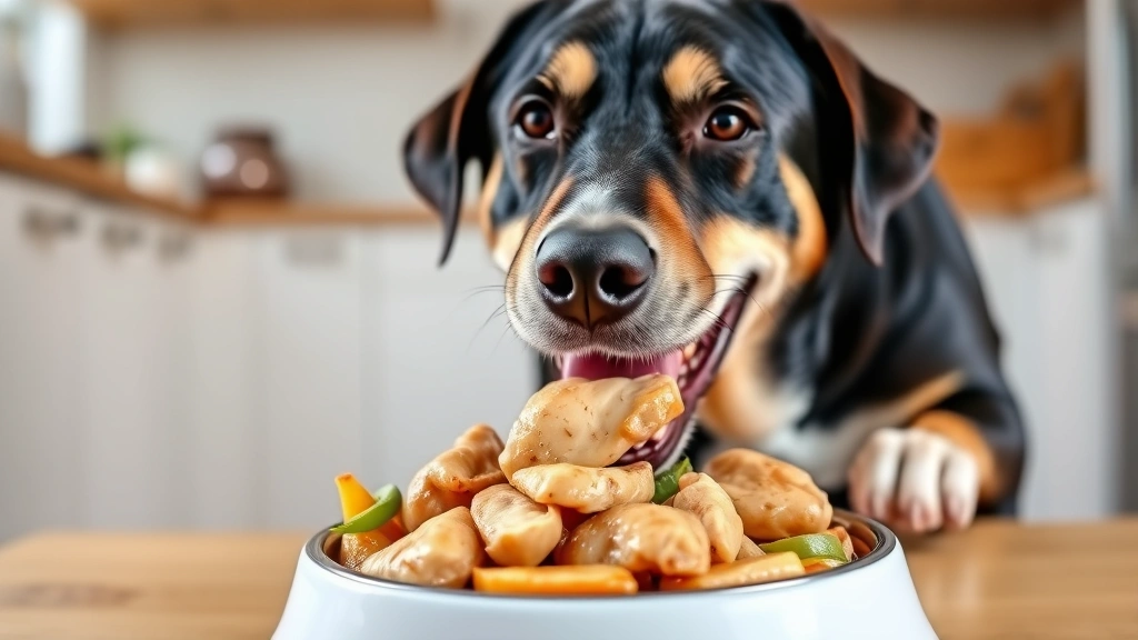 Happy Labrador Retriever eating from a dog bowl containing plain cooked chicken and vegetables, bright kitchen background, joyful expression, healthy meal