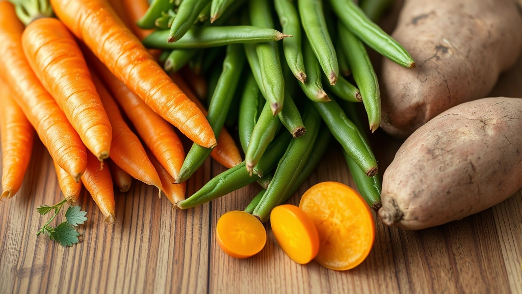 Close-up of fresh dog-safe vegetables including carrots, green beans, and sweet potato on wooden surface with soft natural light