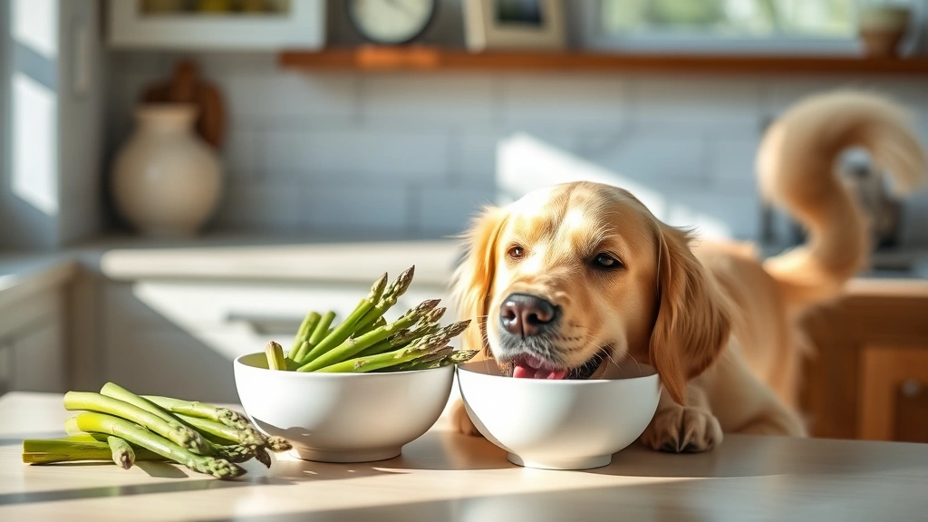 Golden retriever happily eating fresh green asparagus spears from a white ceramic bowl on a sunny kitchen counter, tail wagging, natural daylight
