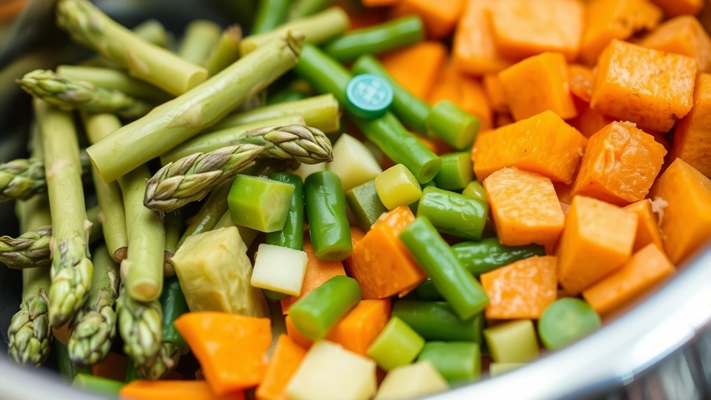 Close-up of various chopped vegetables including asparagus pieces, carrots, green beans, and sweet potato in a stainless steel dog bowl