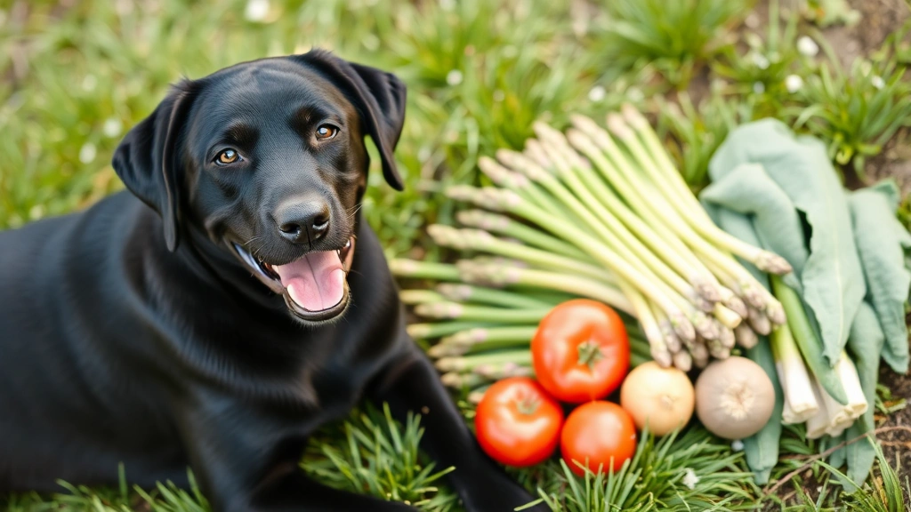 Cheerful black Labrador puppy lying on green grass next to fresh whole asparagus spears and other safe vegetables arranged on natural ground