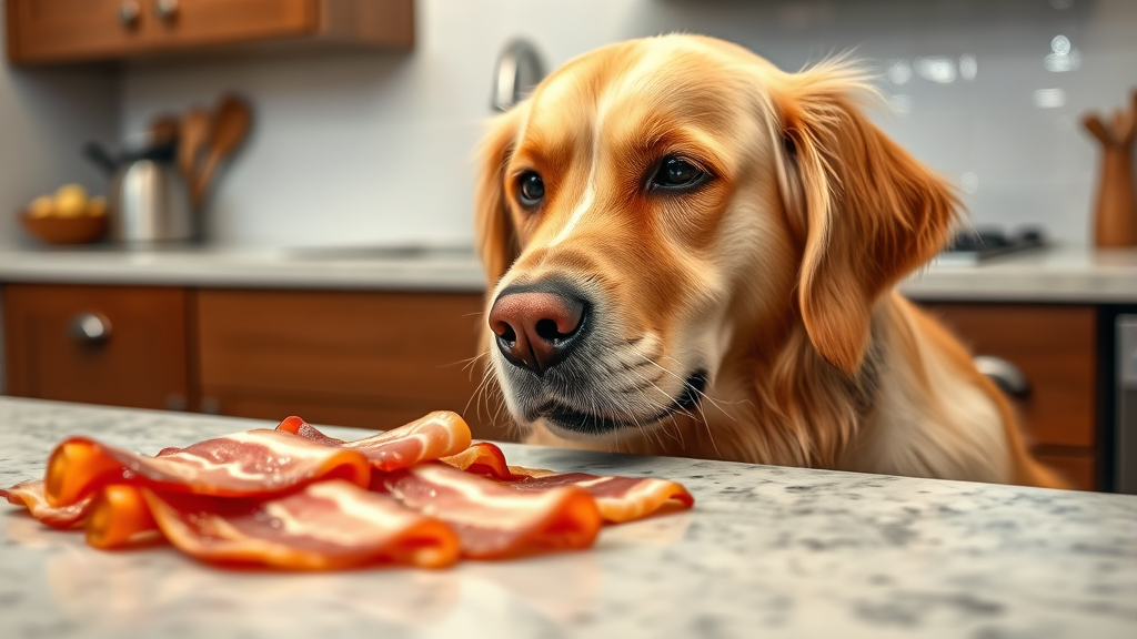 Golden retriever looking longingly at strips of raw bacon on kitchen counter, no text no words no letters