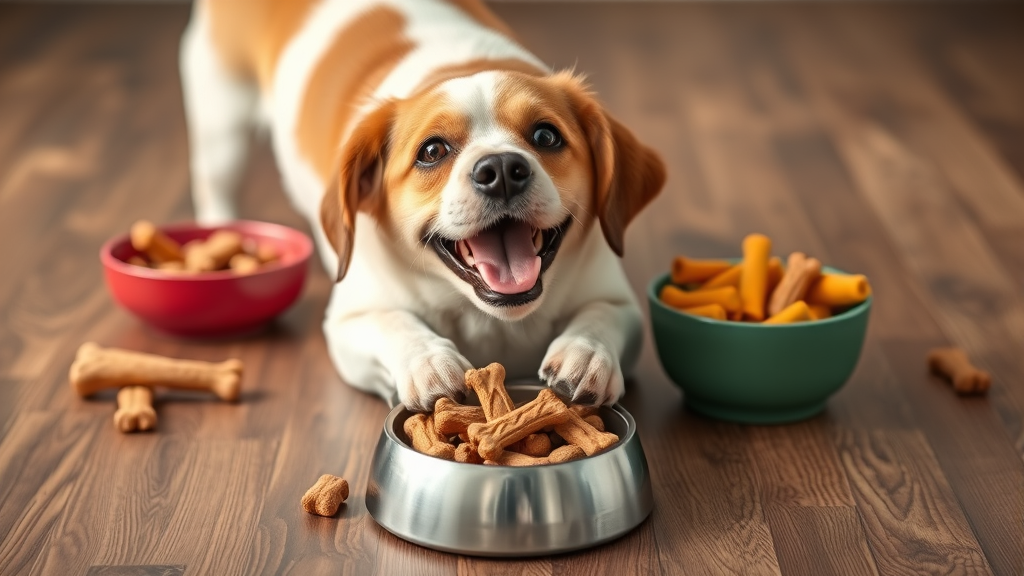 Happy healthy dog eating approved dog treats from bowl instead of human food, no text no words no letters